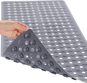 Yimobra Bathtub Shower Mat 34.5 x 15.5, Non Slip Bath Mats for Tub Floor with Drain Hole and Suction Cups, Soft on Feet, Machine Washable, Easy Dry, Grey