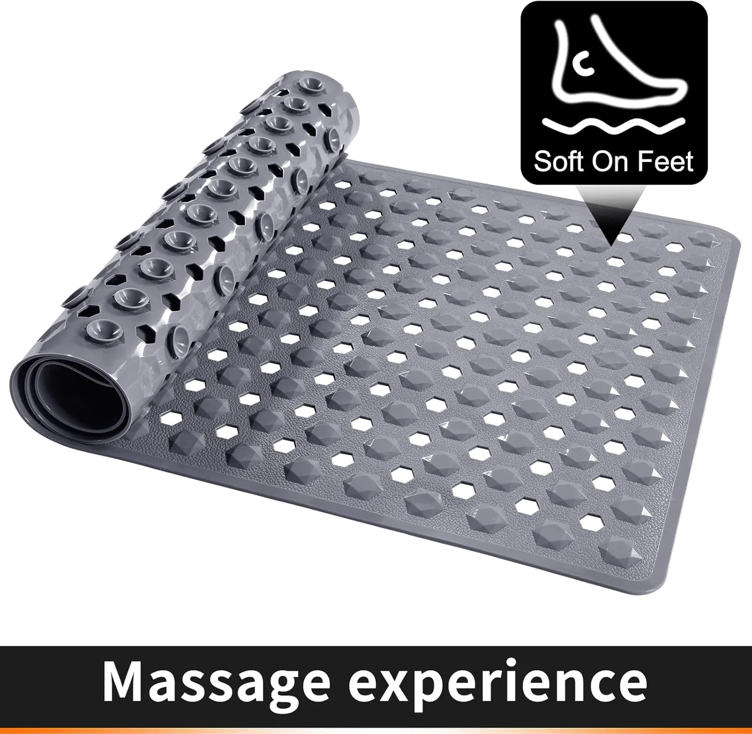 Yimobra Bathtub Shower Mat 34.5 x 15.5, Non Slip Bath Mats for Tub Floor with Drain Hole and Suction Cups, Soft on Feet, Machine Washable, Easy Dry, Grey