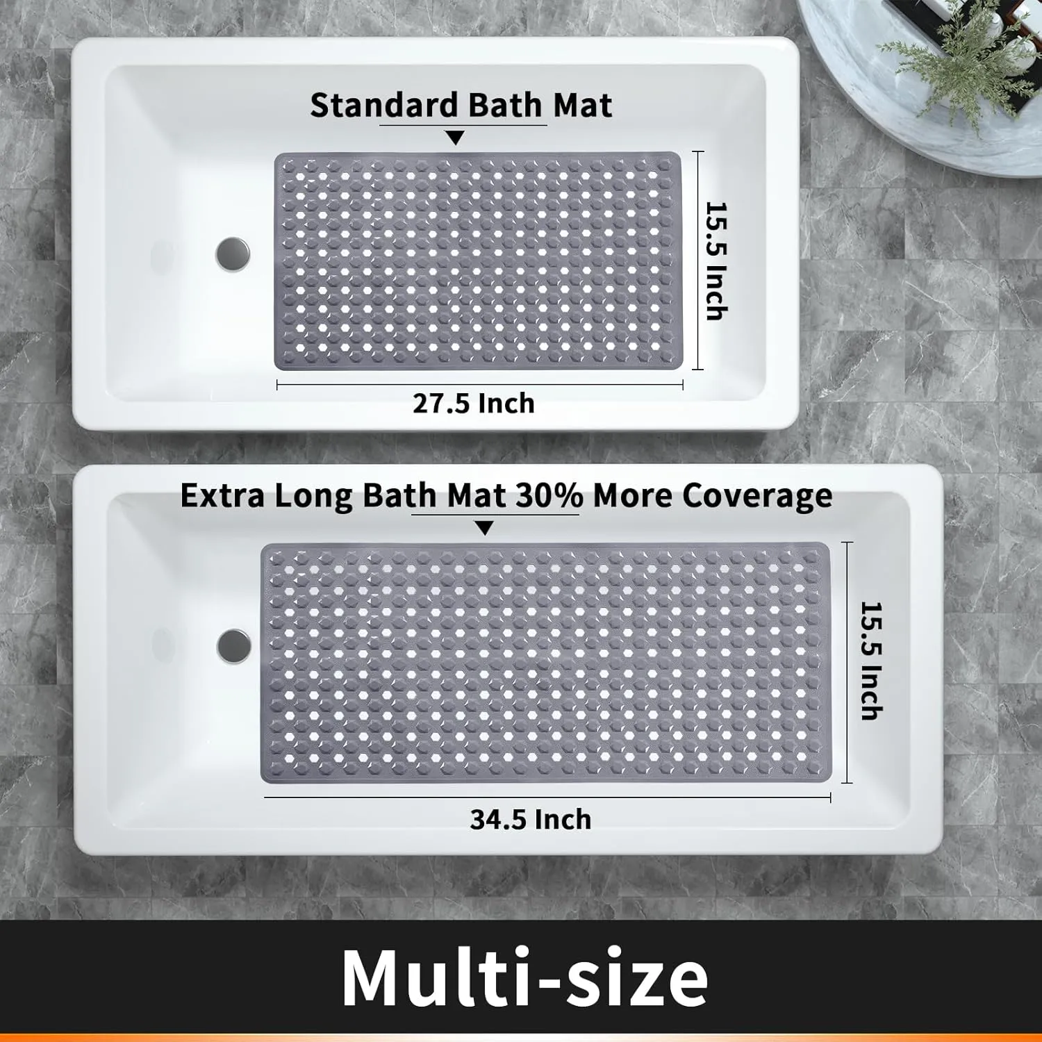 Yimobra Bathtub Shower Mat 34.5 x 15.5, Non Slip Bath Mats for Tub Floor with Drain Hole and Suction Cups, Soft on Feet, Machine Washable, Easy Dry, Grey