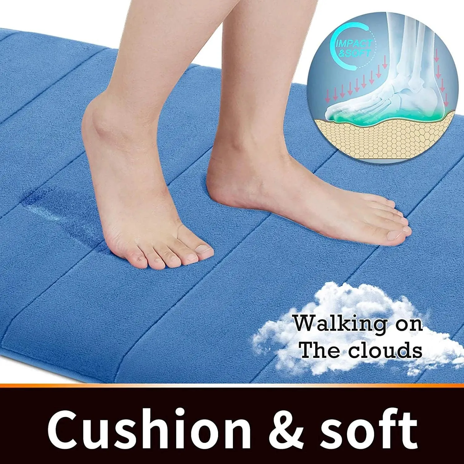 Yimobra Memory Foam Bath Mat Rug, 24 x 17 Inches, Comfortable, Soft, Non-Slip, Super Absorbent, Quick Drying Bathroom Rug for Floor, Tub & Shower, Machine Washable, Thick, Blue