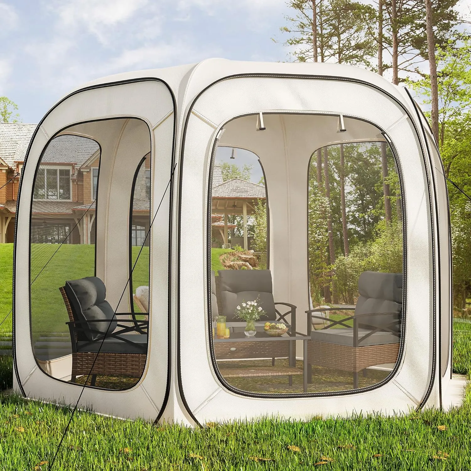 YITAHOME 10x10ft Screen House Tent, Camping Screen Room Gazebo with Storage Bag, Instant Screen Tent with Nails, Ropes, Nets & 6 Mesh Zipper Doors for Patio Backyard Garden Outdoor Activities, Beige