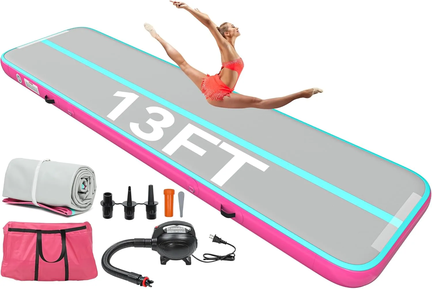 YITAHOME Air Gymnastics Mat 10ft/13ft/16ft/20ft Tumble Track Mat 4/8 Inches Thick Inflatable Tumbling Mat with Electric Pump & Carry Bag for Home Use/Tumble/Gym/Training/Cheerleading/Park/Water