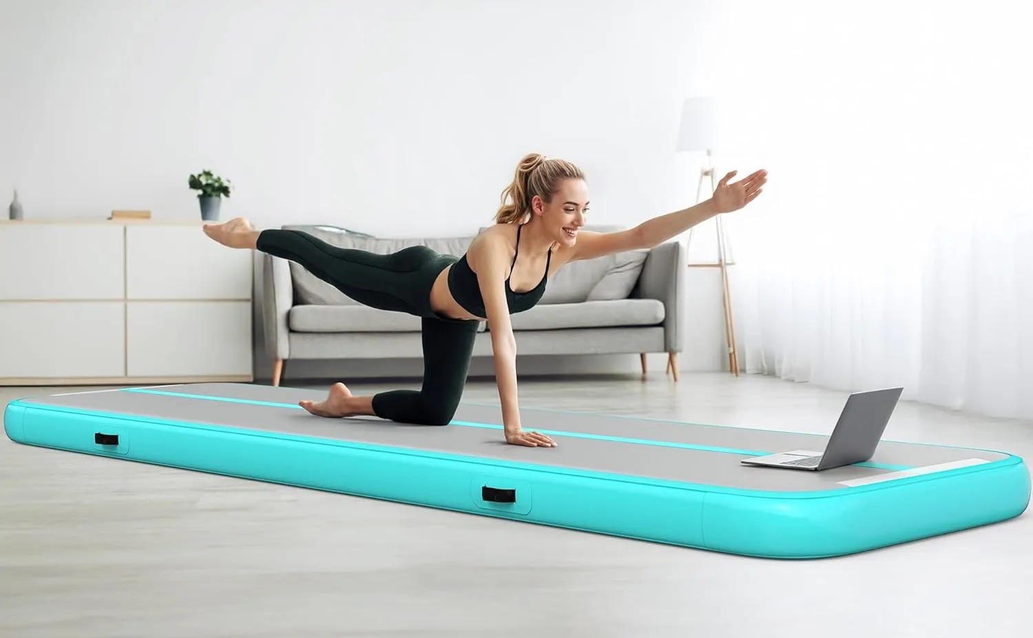 YITAHOME Air Gymnastics Mat 10ft/13ft/16ft/20ft Tumble Track Mat 4/8 Inches Thick Inflatable Tumbling Mat with Electric Pump & Carry Bag for Home Use/Tumble/Gym/Training/Cheerleading/Park/Water