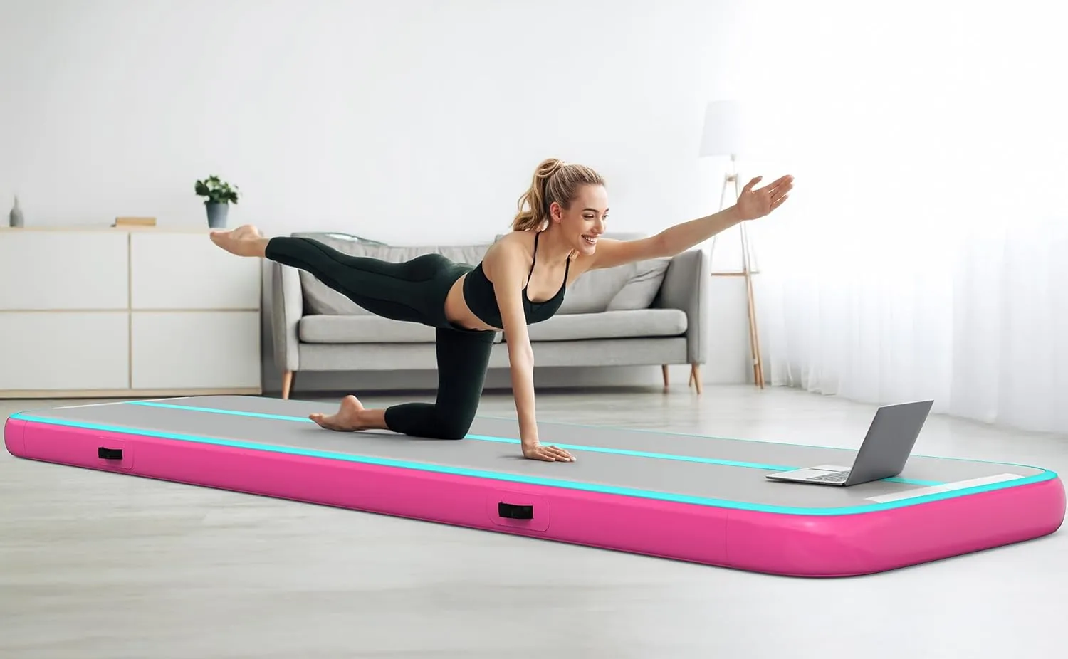 YITAHOME Air Gymnastics Mat 10ft/13ft/16ft/20ft Tumble Track Mat 4/8 Inches Thick Inflatable Tumbling Mat with Electric Pump & Carry Bag for Home Use/Tumble/Gym/Training/Cheerleading/Park/Water