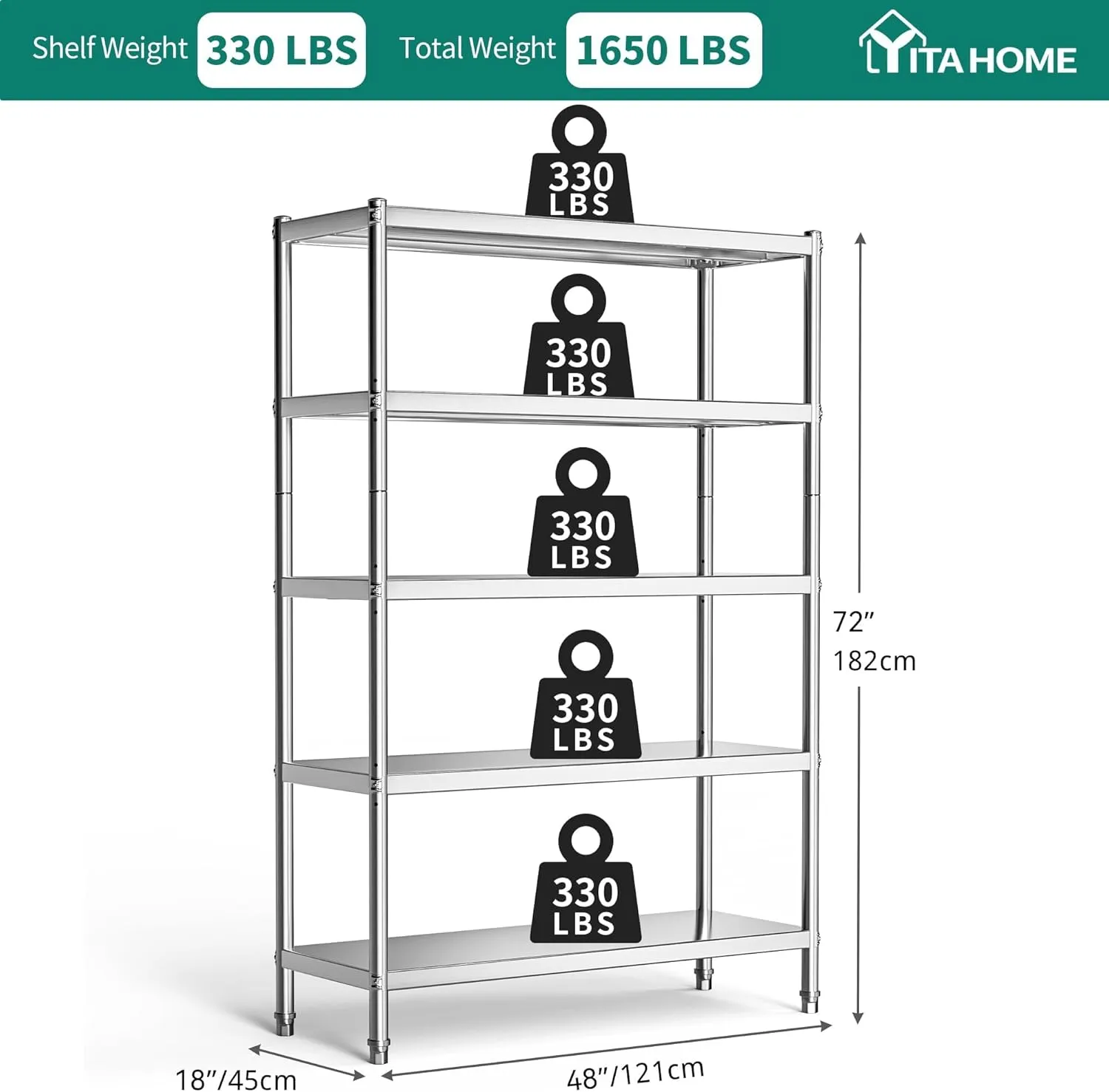 YITAHOME NSF Stainless Steel Shelving Unit 5 Tier, 48"*18"*72" Storage Shelves, Heavy Duty Shelf for Garage Kitchen Office Restaurant Warehouse