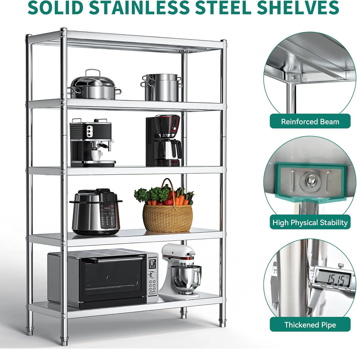 YITAHOME NSF Stainless Steel Shelving Unit 5 Tier, 48"*18"*72" Storage Shelves, Heavy Duty Shelf for Garage Kitchen Office Restaurant Warehouse