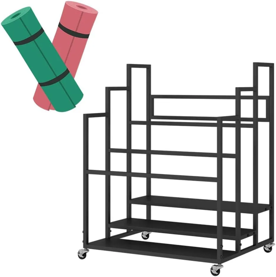 Yoga Mat Holder Basket, Large Yoga Mat Storage Cart with Wheels, Yoga Mat Rack Foam Rollers Organizer, Commercial Rack for Yoga Mat Foam Roller Storage for Gym/Yoga Studio Hold 30 Exercise Mats(Black,