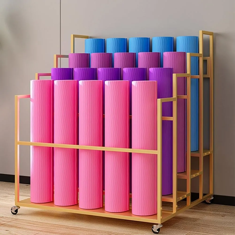 Yoga Mat Holder Basket, Large Yoga Mat Storage Cart with Wheels, Yoga Mat Rack Foam Rollers Organizer, Commercial Rack for Yoga Mat Foam Roller Storage for Gym/Yoga Studio Hold 30 Exercise Mats(Black,