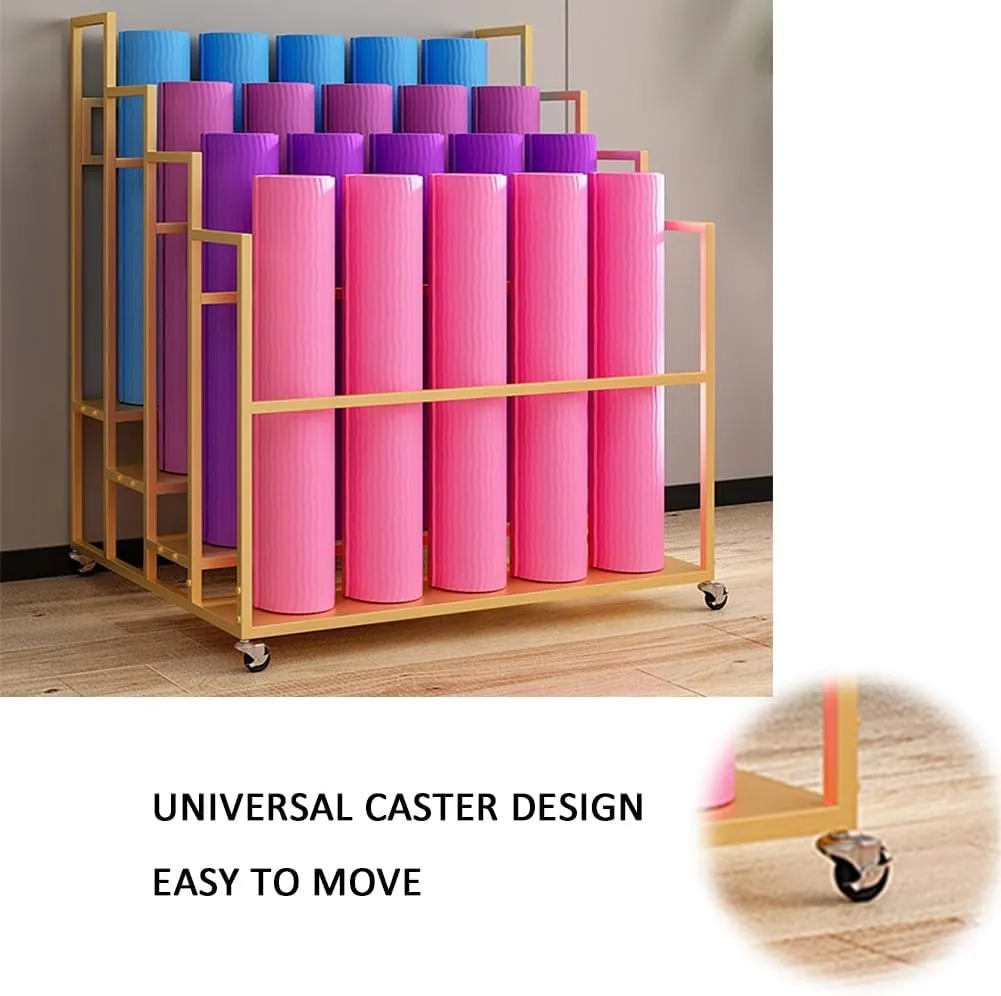 Yoga Mat Holder Basket, Large Yoga Mat Storage Cart with Wheels, Yoga Mat Rack Foam Rollers Organizer, Commercial Rack for Yoga Mat Foam Roller Storage for Gym/Yoga Studio Hold 30 Exercise Mats(Black,