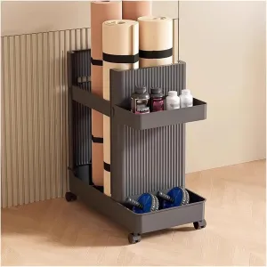 Yoga Mat Storage Rack, Home Gym Storage Rack Bascket on Wheels Utility Cart, Workout Equipment Yoga Mat Holder for Yoga Mat/Foam Roller/Yoga Blocks, Space Saving(Gray)