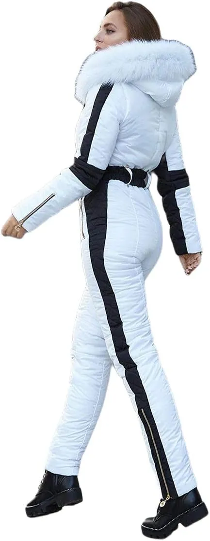 Yousify Womens Winter Onesies Ski Jumpsuits Outdoor Sports Waterproof Snowsuit Removable Fur Collar Coat Jumpsuit