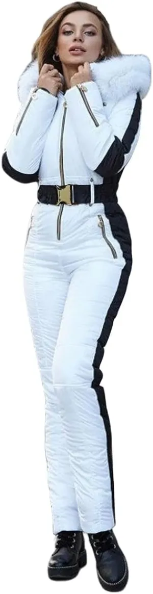 Yousify Womens Winter Onesies Ski Jumpsuits Outdoor Sports Waterproof Snowsuit Removable Fur Collar Coat Jumpsuit