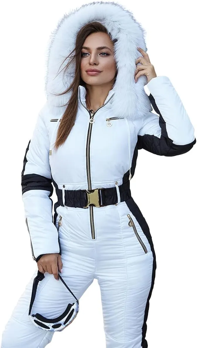 Yousify Womens Winter Onesies Ski Jumpsuits Outdoor Sports Waterproof Snowsuit Removable Fur Collar Coat Jumpsuit