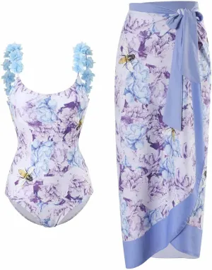 ZDRZK Sexy One Piece Swimsuit for Women with Matching Cover Ups Sarong Retro Floral Print Bikini Set Two Piece Bathing Suit