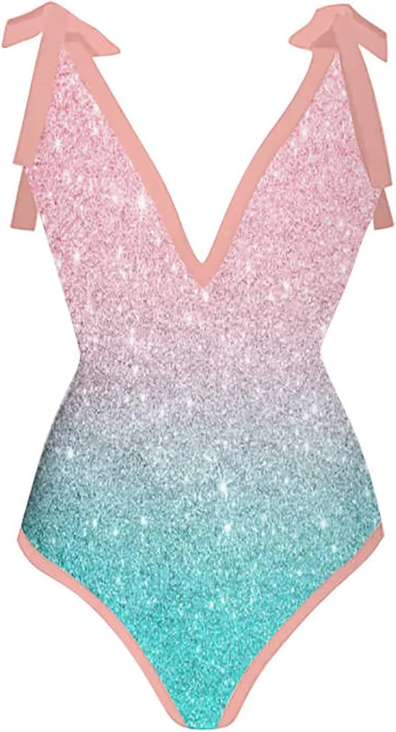 ZDRZK Sexy Sparkly One Piece Swimsuit with Beach Coverups Cute Printed Push Up Bikini Set Two Piece Wrap Skirt Bathing Suit