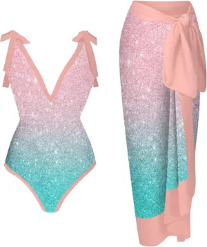 ZDRZK Sexy Sparkly One Piece Swimsuit with Beach Coverups Cute Printed Push Up Bikini Set Two Piece Wrap Skirt Bathing Suit
