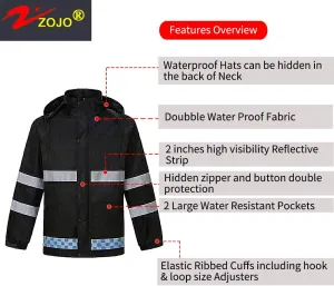 zojo High Visibility Safety Rain suit, Jacket, Pants High Visibility Reflective Rain Coats (Navy-2XL)